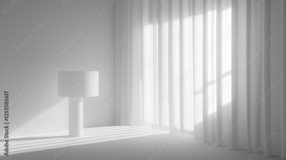 Poster minimalist white interior with soft natural light streaming through sheer curtains, casting gentle s