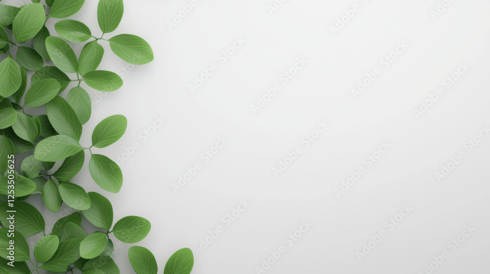 Wall mural Green leaves on clean white background create fresh and minimalistic composition, perfect for nature inspired designs or eco friendly themes