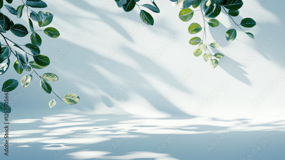 Poster Green leaves casting soft shadows on textured white background, creating serene and natural atmosphere