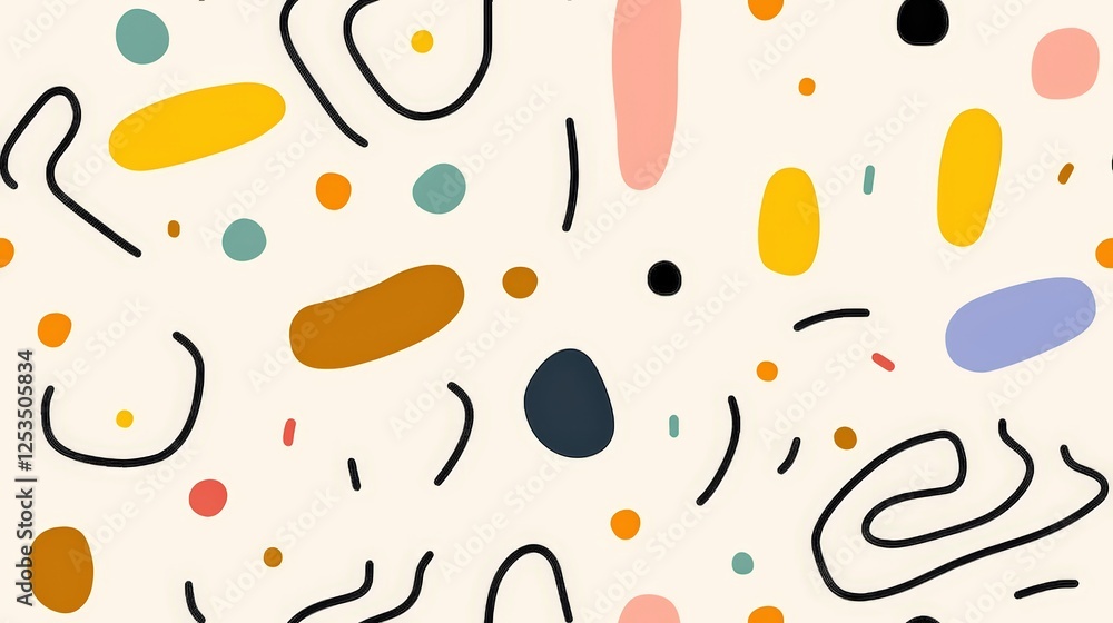 Poster abstract doodle design with colorful elements featuring random shapes and lines in yellow, pink, bro