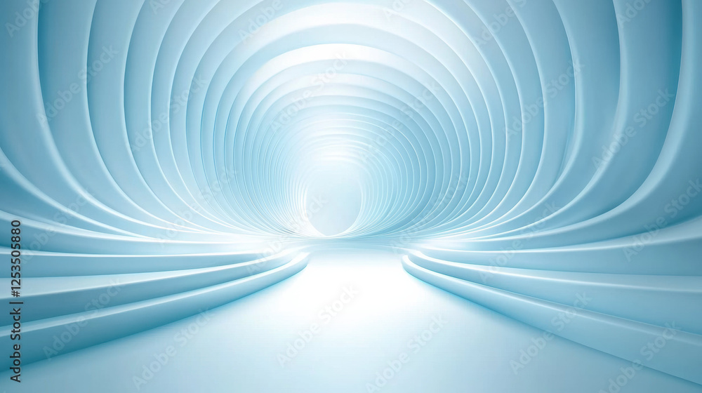 Poster futuristic white tunnel with curved, layered walls and glowing light at end, creating serene and modern atmosphere