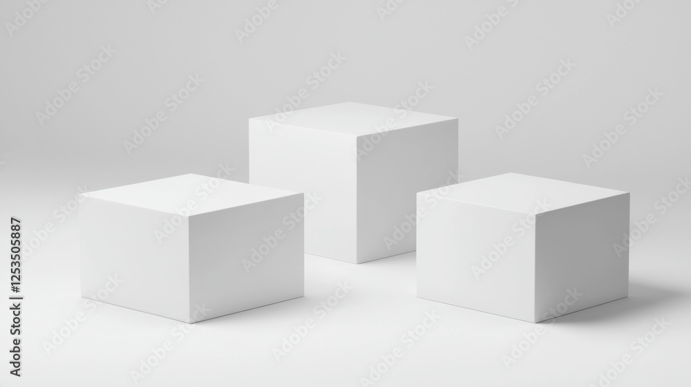 Fototapete Three white cubes of varying sizes are placed on clean white background with soft shadows, creating minimalist and modern aesthetic