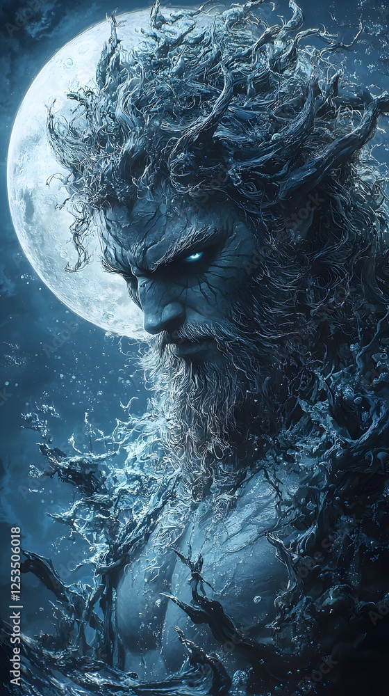 Poster apollo depicted in digital painting set in deep ocean evoking a fierce mood illuminated by moonlit w