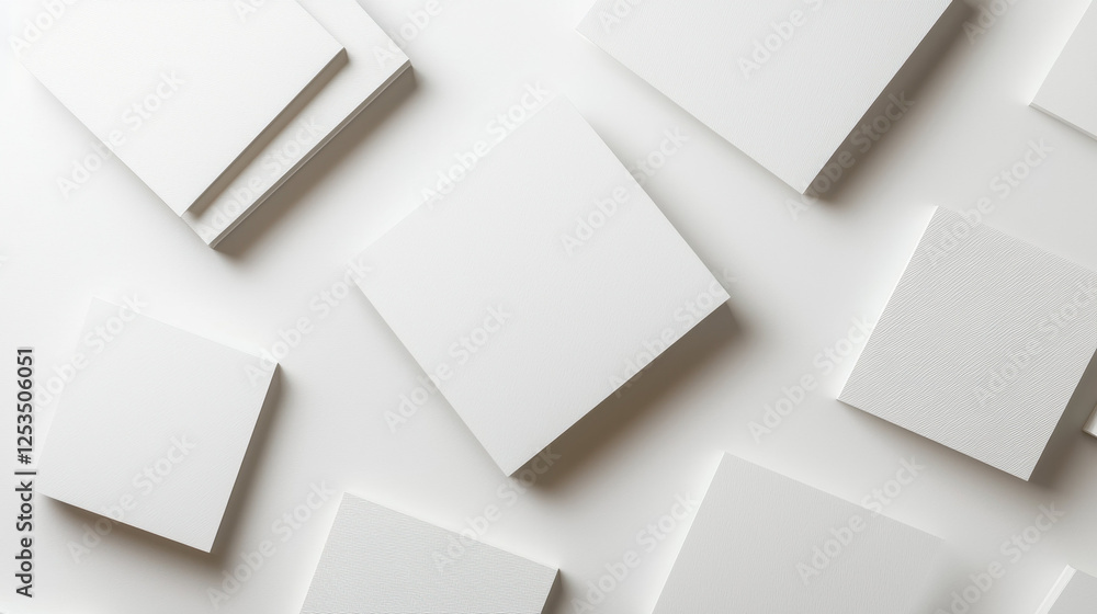 Poster Minimalist arrangement of white square and rectangular paper sheets on clean white background, creating modern and abstract composition