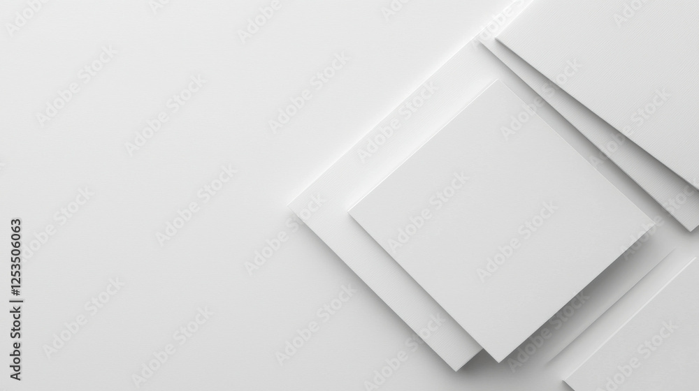 Aufkleber Minimalist composition of overlapping white square shapes on clean white background with subtle shadows, creating modern and abstract geometric design