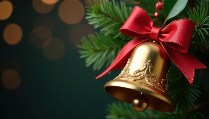 Ornate gold bell, vibrant red bow, glossy holly , gift tag, holiday, ornament