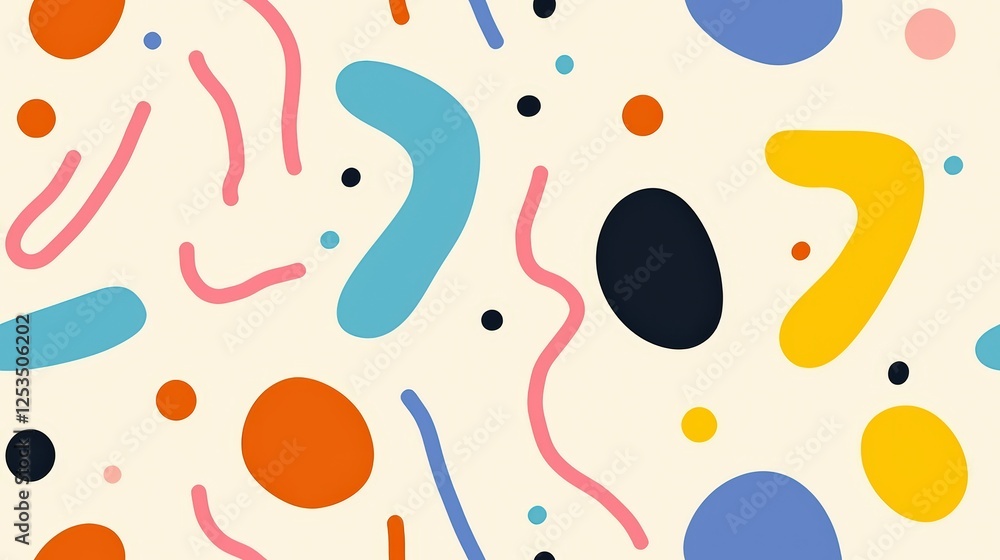 Poster vibrant abstract doodle design featuring colorful shapes and lines on a soft beige background for cr