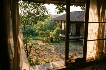Tranquil cabin view through window
