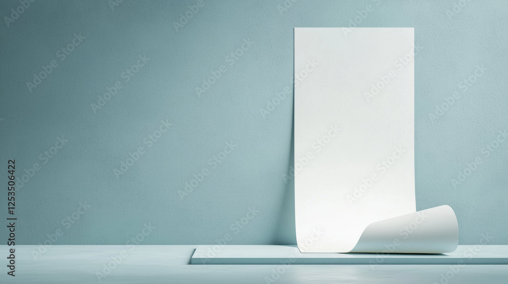 Aufkleber minimalistic composition featuring smooth teal wall and white rolled up paper sheet on flat surface,