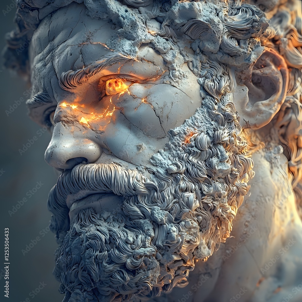 Poster cyclops depicted in photorealism set in mount olympus evoking a heroic mood illuminated by soft glow