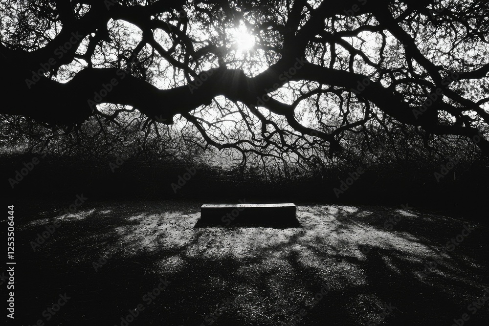 Poster empty bench under large tree's shadow