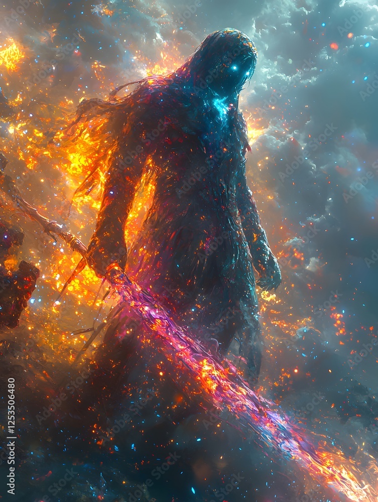 Poster cyclops depicted in anime style set in mythical battlefield evoking a playful mood illuminated by bi