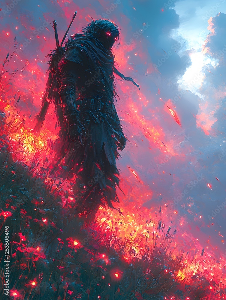 Poster cyclops depicted in anime style set in mythical battlefield evoking a playful mood illuminated by bi