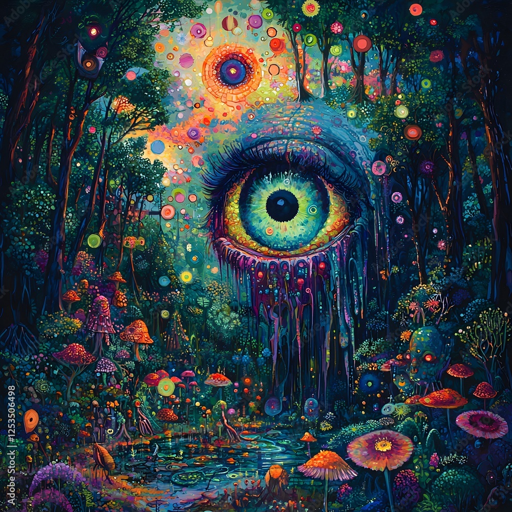 Poster cyclops depicted in abstract art set in mystical forest evoking a playful mood illuminated by celest