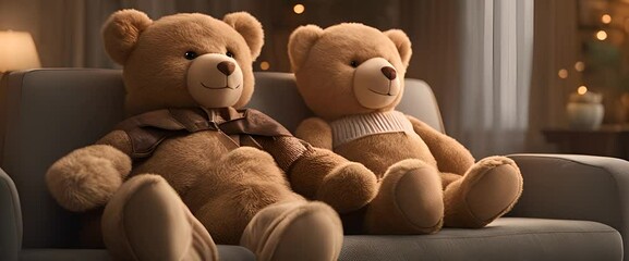 Family having a movie night for National Teddy Bear Day September 9th snuggling with their teddy bears hyperrealistic photo Video 4K