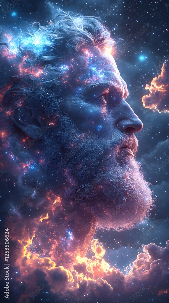 Poster prometheus depicted in photorealism set in celestial sky evoking a heroic mood illuminated by biolum