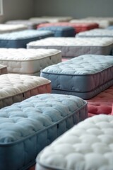 Rows of mattresses, various sizes and styles close-up, selection, fabric, sleep
