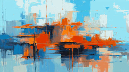 Abstract artwork presents dynamic interplay of cool and warm tones, contrast between vivid blue and fiery orange, urban landscape with vertical and horizontal brushstrokes