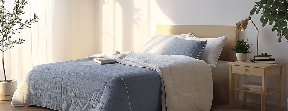 there is a bed with a blue comforter and a white blanket