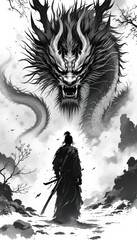 Samurai facing monstrous dragon in epic battle scene. Perfect for fantasy designs, posters, game illustrations, and martial arts concepts.