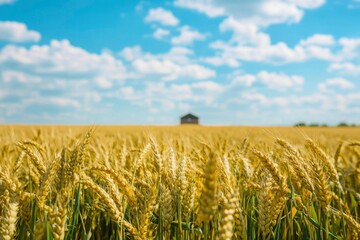 Naklejka premium Golden Wheat Field, House in Horizon, Sunny Day, Outdoor