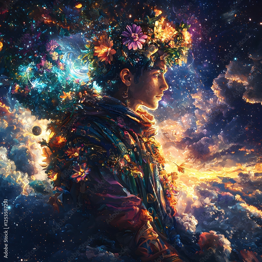 Poster hermes depicted in digital painting set in celestial sky evoking a mysterious mood illuminated by ca