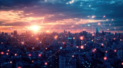 Fototapeta premium An abstract representation of financial growth with graphs and upward trending lines superimposed on a cityscape at dusk, symbolizing progress, success, and the upward trajectory of modern business.