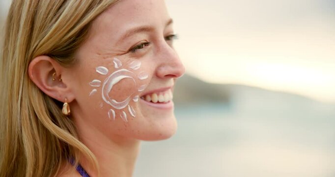 Sea, face and happy woman with sunscreen for skincare, uv protection and beauty at sunset. Beach, sun cream and girl with spf cosmetics for healthy dermatology, view and travel to relax on holiday