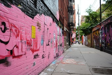 Fototapeta premium Graffiti-covered pink alleyway in city