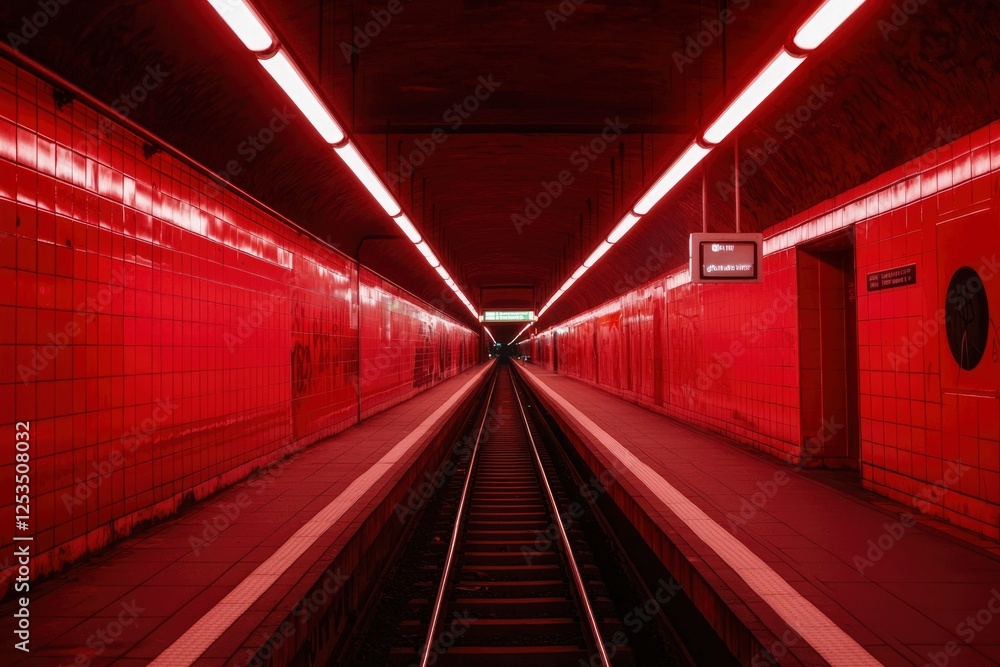 Poster red neon subway tunnel. empty platform. possible stock photo use