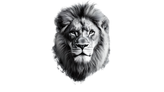 a majestic lion's face with intense gaze, captivating viewers with its raw power and untamed spirit. The grayscale depiction evokes a sense of timeless strength and wild beauty. 