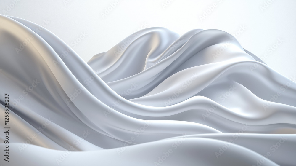 Poster Soft, flowing white fabric waves create serene and elegant abstract background, evoking sense of calm and sophistication. smooth texture and gentle curves add dynamic yet tranquil visual appeal
