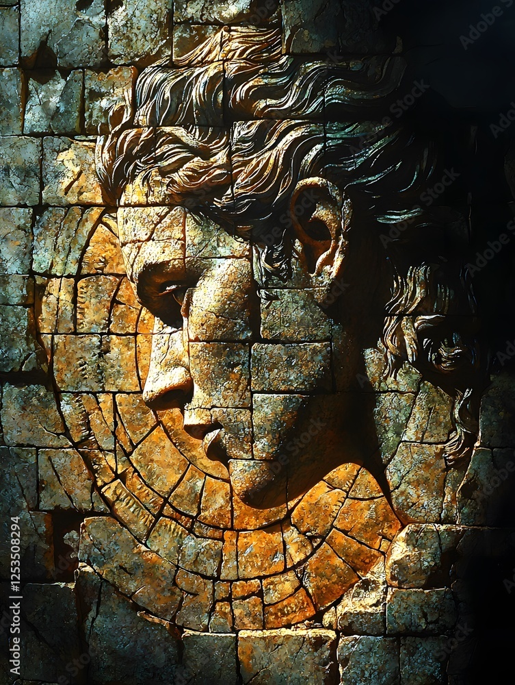 Aufkleber hermes depicted in photorealism set in labyrinth evoking a tragic mood illuminated by soft glow with