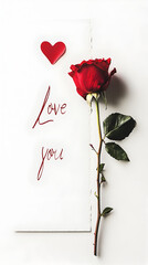 Romantic gesture love note and red rose minimalist style indoor close-up