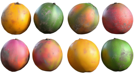 eight different color variations of a mango fruit. The fruit is presented in a studio-like setting, showcasing the diverse shades and textures of each mango.