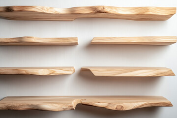 Obraz premium Natural wooden shelves with organic edges against white wall interior decor minimalistic style