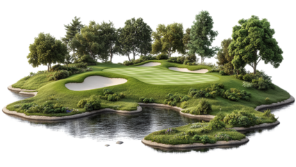A lush green golf course with sand traps and trees, isolated on a white background.  The course is nestled within a natural pond.