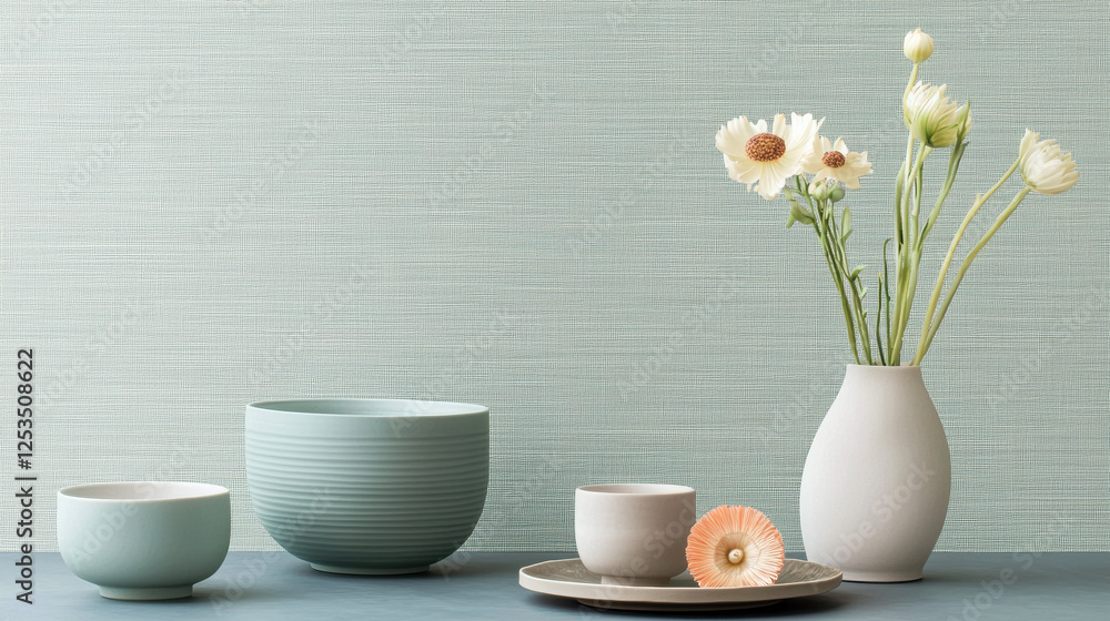 Poster soft pastel ceramic bowls and vases with delicate flowers on textured light gray background create s