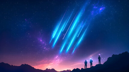 Stargazers watching meteors from hilltop at night.  For space travel ads, astrology websites, or scenic backgrounds