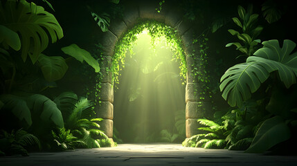 Fototapeta premium Stone archway with ivy in lush jungle leading to light, evoking mystery, travel