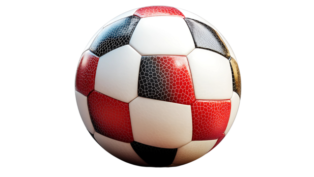 a red, black, and white soccer ball. It sits ready for the next match or training session, a classic symbol of sport and competition