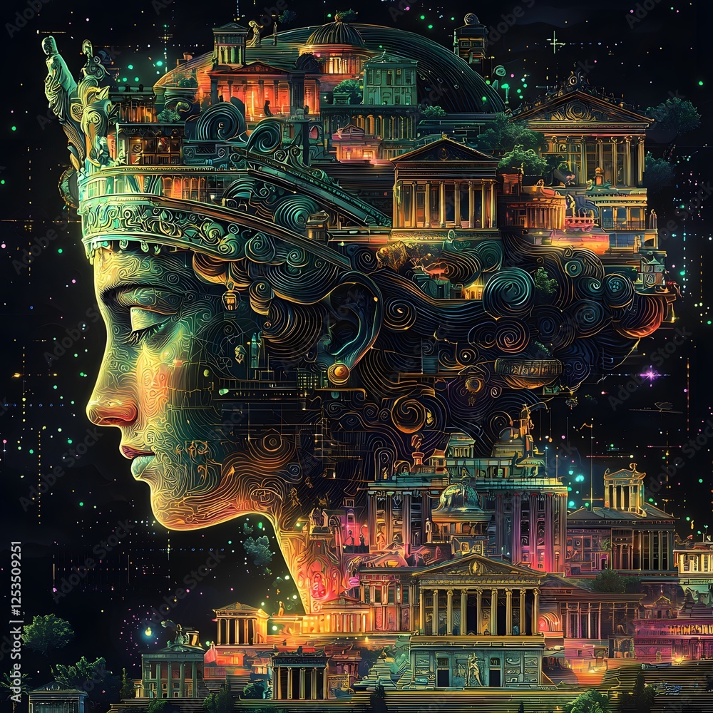 Poster hera depicted in line art set in ancient greece evoking a tragic mood illuminated by bioluminescent 