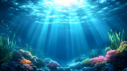 Naklejka premium Sunlight streams down on corals and seaweed at the bottom of the ocean, creating a serene, underwater landscape, suitable for backgrounds