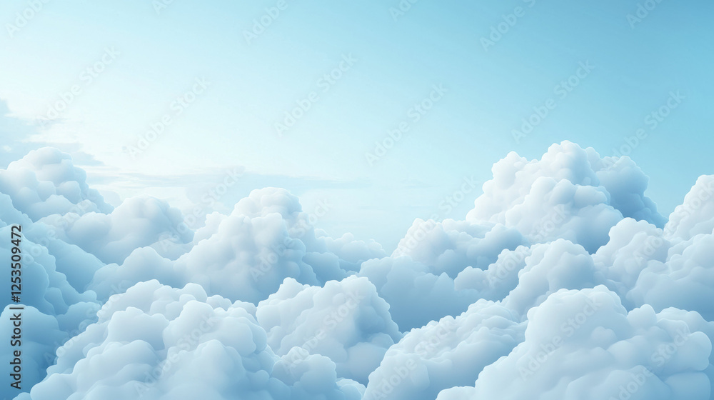 Poster soft white clouds float against serene light blue sky, creating peaceful and dreamy atmosphere. fluf