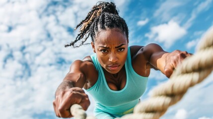 Close up of a determined woman pulling a thick rope against a partly cloudy sky. She is focused, her expression intense, and her muscles are flexed. The rope is a light beige color and her outfit is