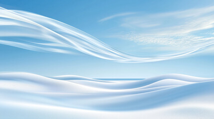 serene landscape of soft white dunes under clear blue sky, with delicate, flowing translucent waves resembling fabric or mist gracefully floating above