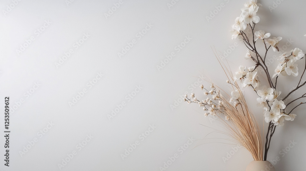 Poster minimalist arrangement of white orchids and dried grass in beige vase against light taupe background