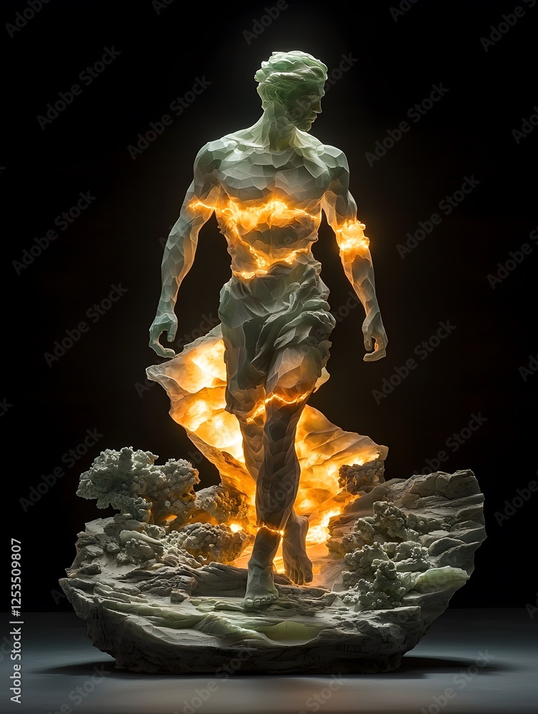 Poster prometheus depicted in sculpture set in mythical battlefield evoking a melancholic mood illuminated 