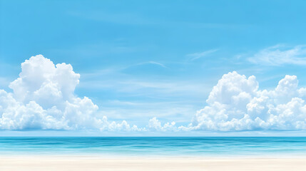 Tranquil seascape with white sand, blue ocean and fluffy clouds. Background for websites, tourism, travel, vacation and calm scene