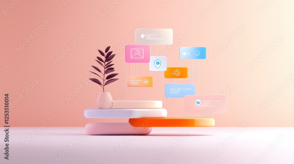 Poster a digital interface with floating smart suggestion icons, dynamically adjusting to individual users.